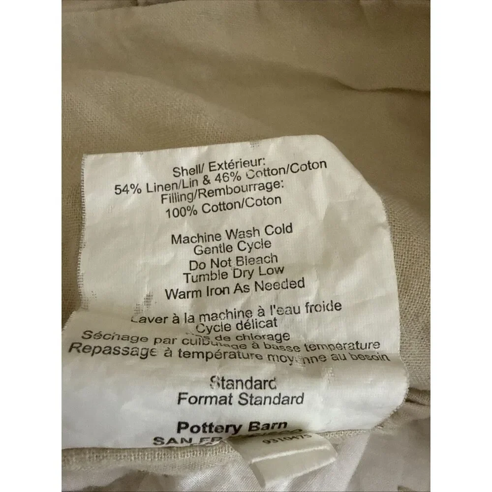 Pottery Barn Natural Beige Pick Stitch Standard Pillow Sham Linen Cotton Blend